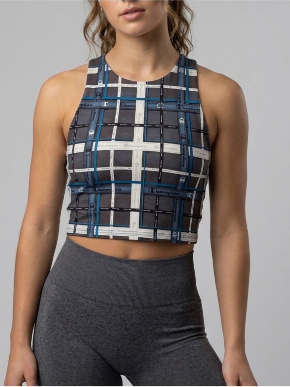 Champion Womens Grid Logo Crop Tank Top High Neck Built In Bra Athletic Small